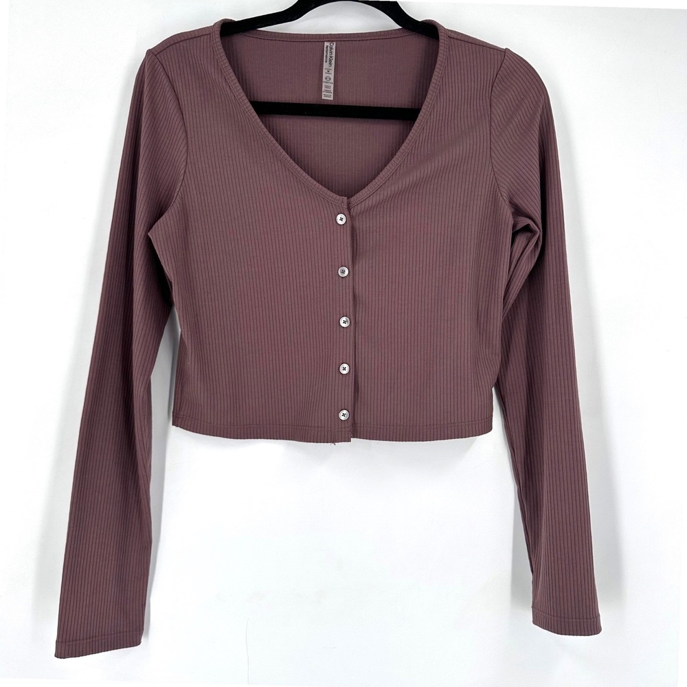 Calvin Klein Performance Ribbed V Neck Button Front Cropped LS Top Mocha M